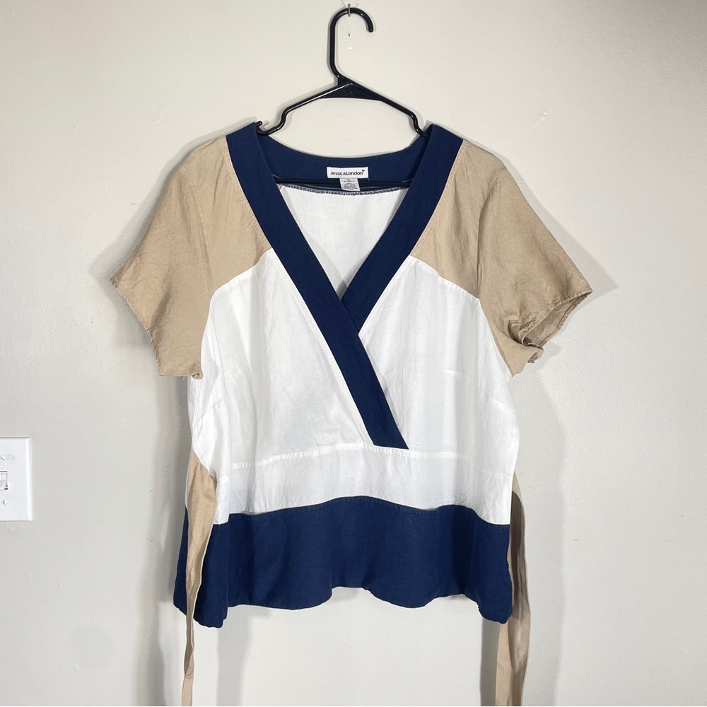 Jessica London Linen Blend Colorblock Wrap Top Navy White Tan Costalstyle Resort